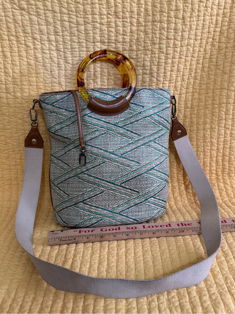 HOBO Teal, Cream & Brown Woven Shoulder Bag with Tortoiseshell Ring Handle